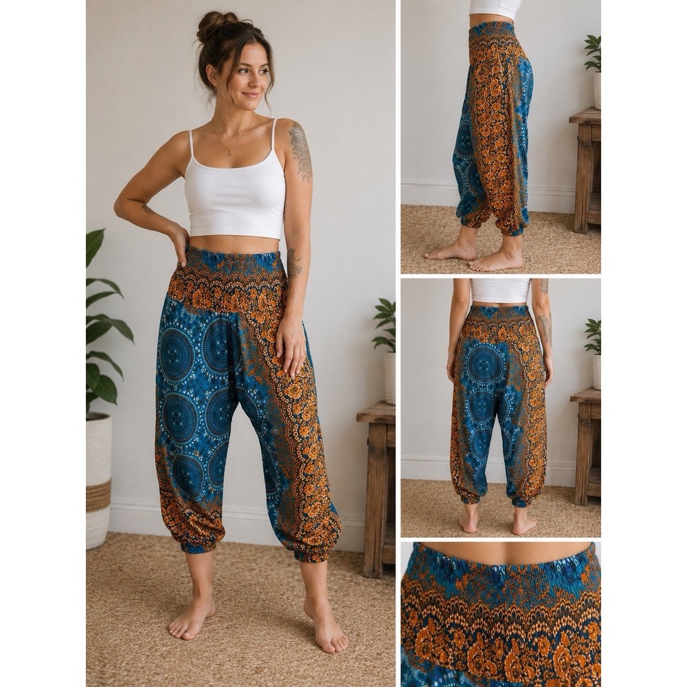 Lofbaz Harem Pants Women L Boho Paisley Floral Teal Orange Smocked Waist
